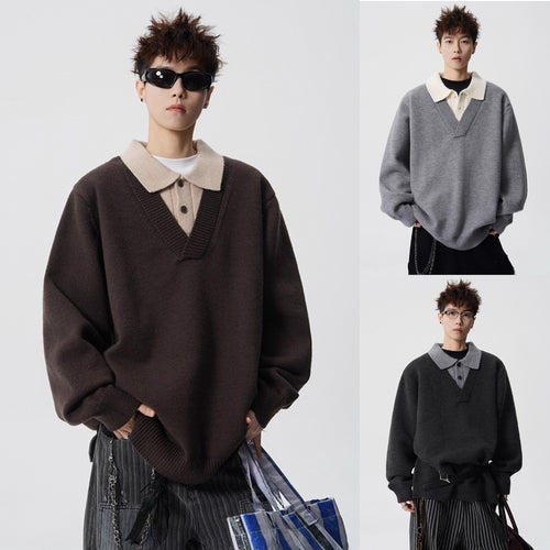 Damen Modischer Grobstrickpullover mit V-Ausschnitt und Kragen Shop Nory