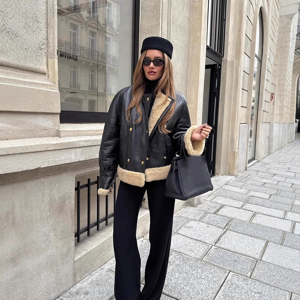 Damen Kurzjacke im Aviator‑Stil mit Teddy‑Innenfutter und doppelreihiger Druckknopffront Shop Nory