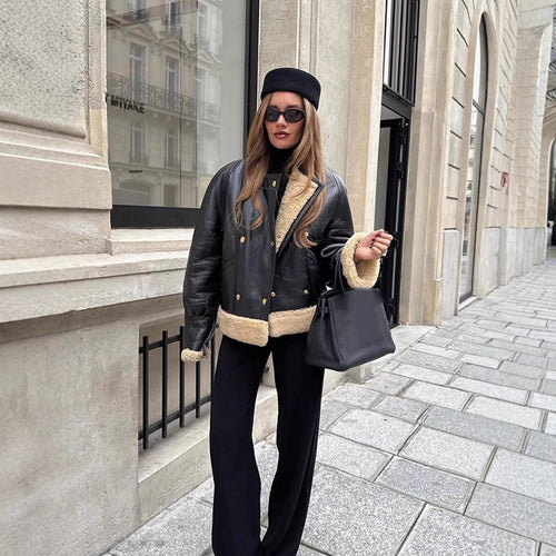 Damen Kurzjacke im Aviator‑Stil mit Teddy‑Innenfutter und doppelreihiger Druckknopffront Shop Nory