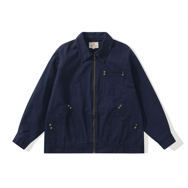 Unisex Kastenförmige Canvas-Worker-Jacke mit Frontreißverschluss und Nietapplikationen Shop Nory