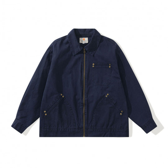 Unisex Kastenförmige Canvas-Worker-Jacke mit Frontreißverschluss und Nietapplikationen Shop Nory