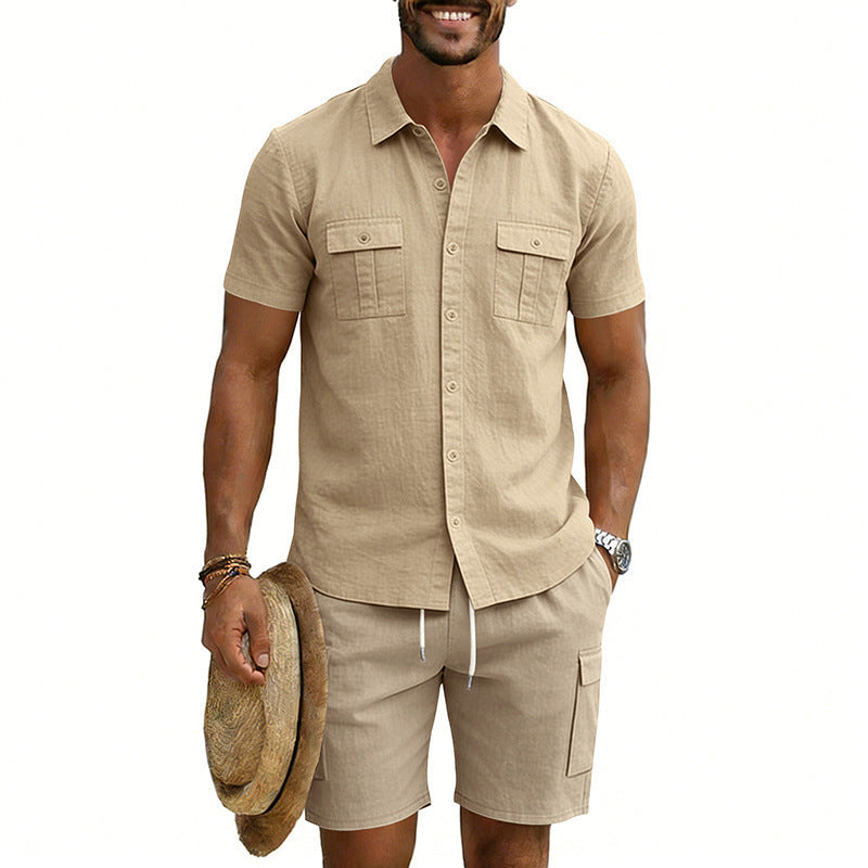 Herren nan sommerliches Freizeitset aus Baumwoll-Leinenmix mit Kurzarm-Hemd und Cargo-Shorts