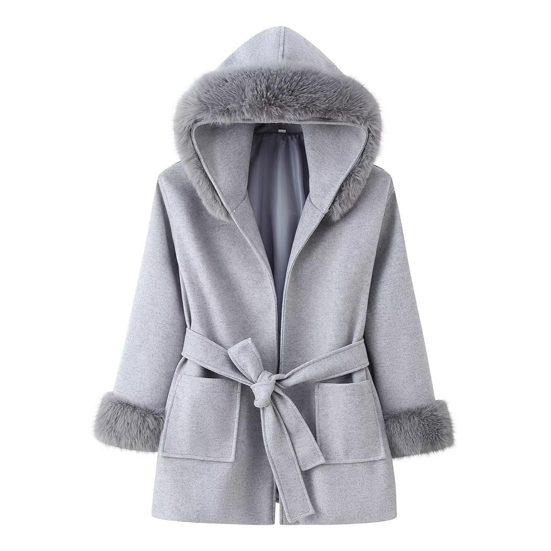 Damen Kapuzen-Wollmix-Mantel mit Bindegürtel und Faux-Fur-Besatz Shop Nory