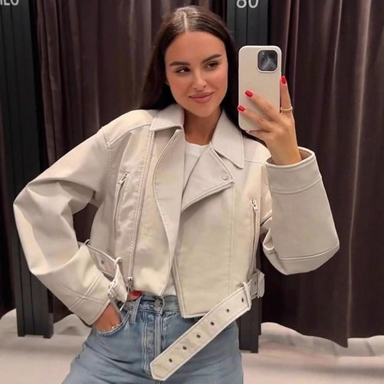 Damen Kurzgeschnittene Bikerjacke aus Kunstleder mit Taillengürtel Shop Nory