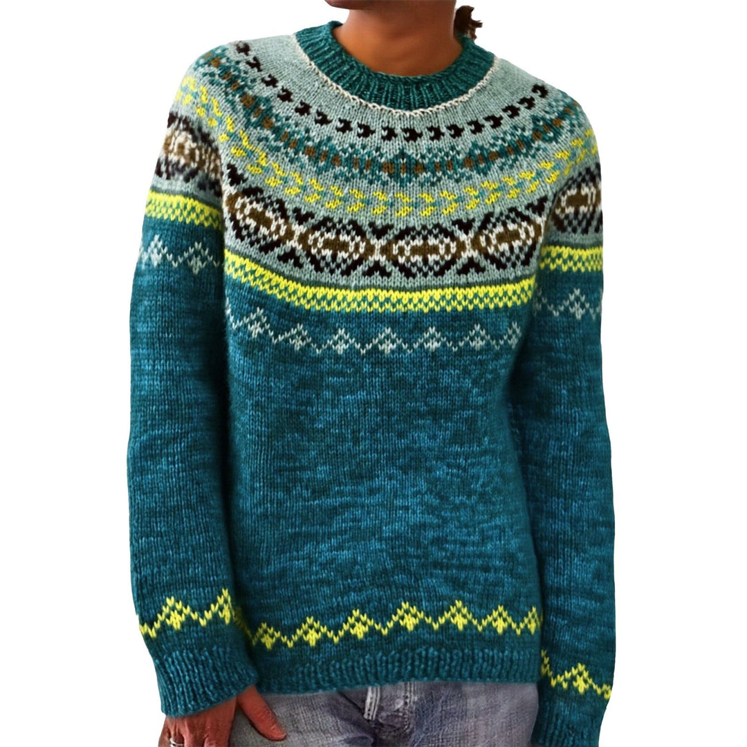 Damen nan melierter Rundhalsausschnittpullover mit kreisförmigem Jacquard-Yoke und geripptem Saum Shop Nory