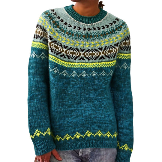 Damen nan melierter Rundhalsausschnittpullover mit kreisförmigem Jacquard-Yoke und geripptem Saum Shop Nory