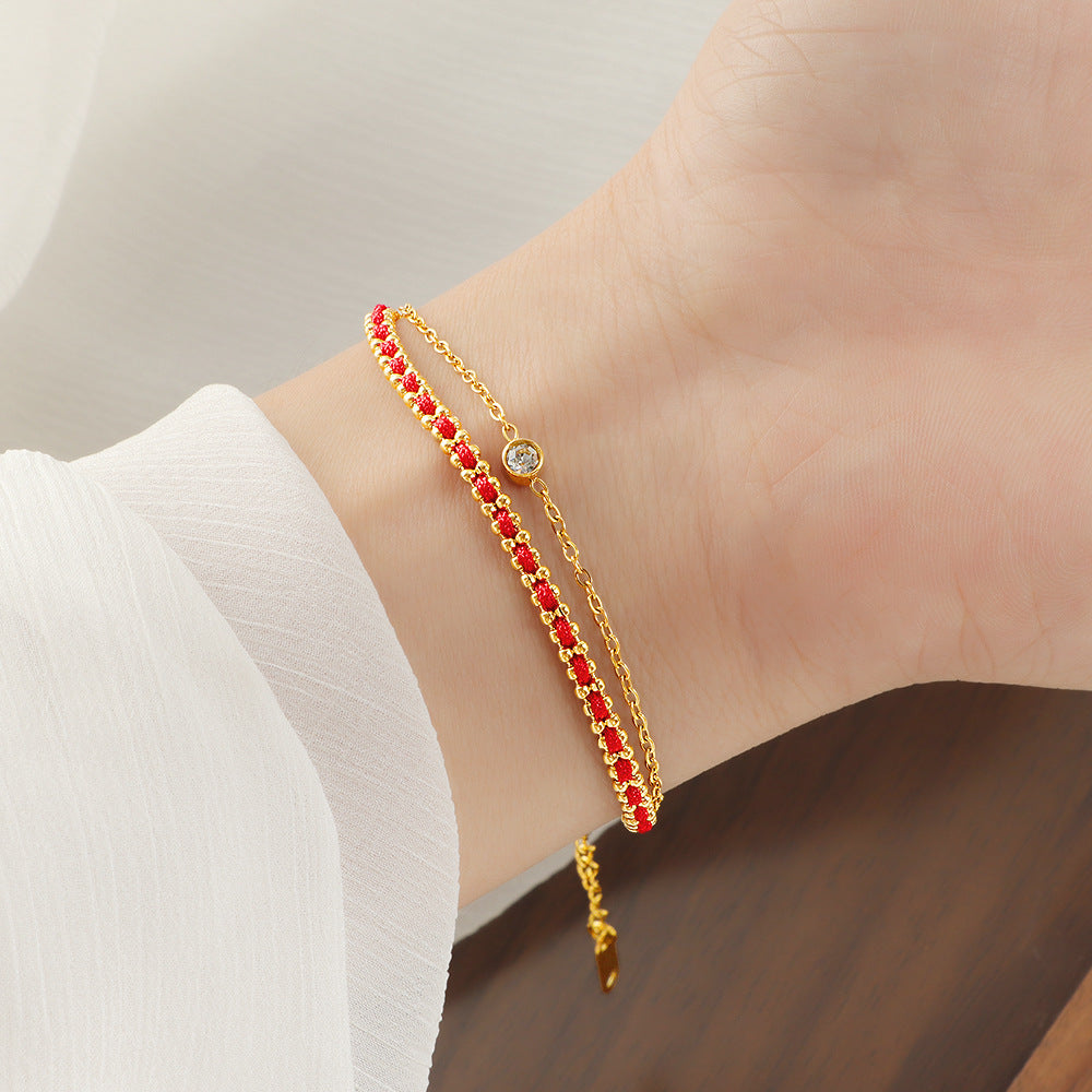 Damen Fußkette mit funkelnden Zirkonia und rotem Kristall Shop Nory