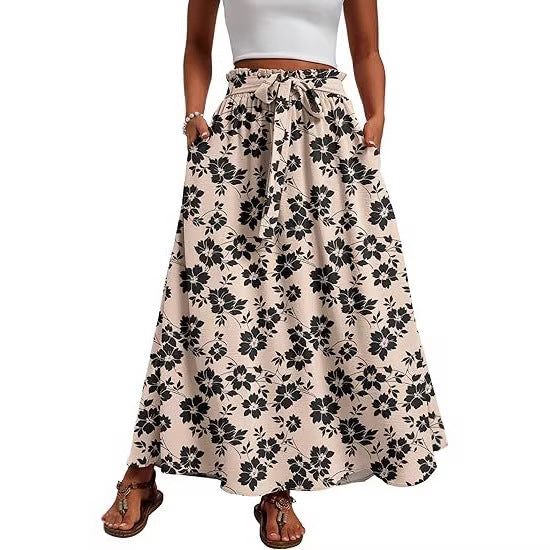 Damen Maxi-Rock mit Paperbag-Taillengürtel, Bindegürtel und Seitentaschen Shop Nory