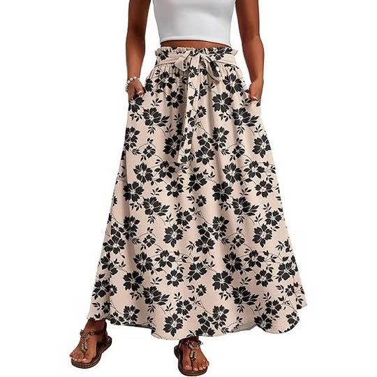 Damen Maxi-Rock mit Paperbag-Taillengürtel, Bindegürtel und Seitentaschen Shop Nory