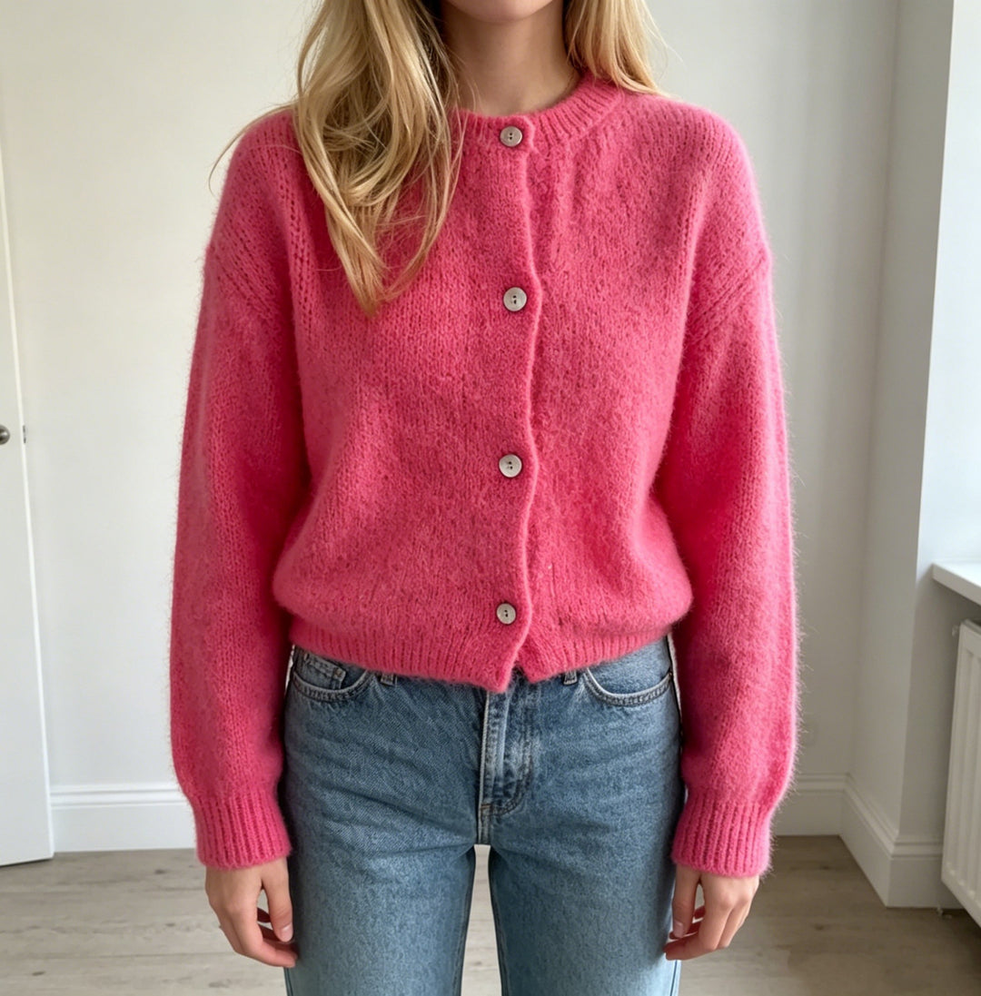 Damen Kuschelige Mohair-Optik Strickjacke mit Rundhals und Ballonärmeln Shop Nory