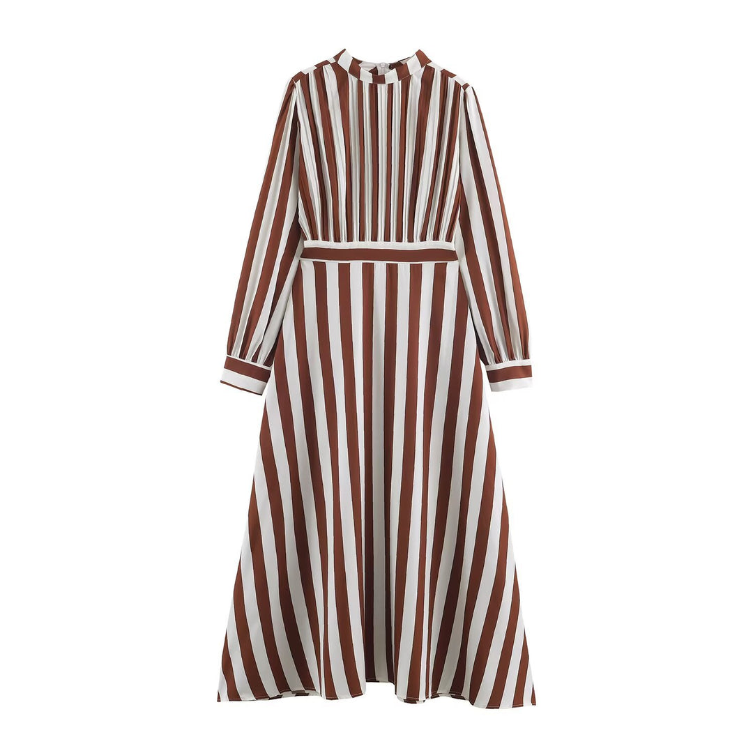 Damen Gestreiftes Midikleid mit Stehkragen, tailliertem Gürtel und ausgestelltem A-Linien-Rock Shop Nory
