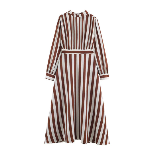 Damen Gestreiftes Midikleid mit Stehkragen, tailliertem Gürtel und ausgestelltem A-Linien-Rock Shop Nory