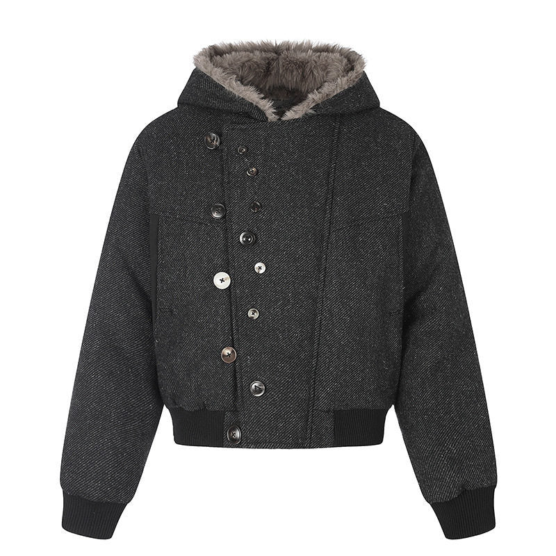 Damen Kapuzen-Bomberjacke mit Kunstfellfutter, asymmetrischer Mehrfachknopfleiste und geripptem Bund Shop Nory