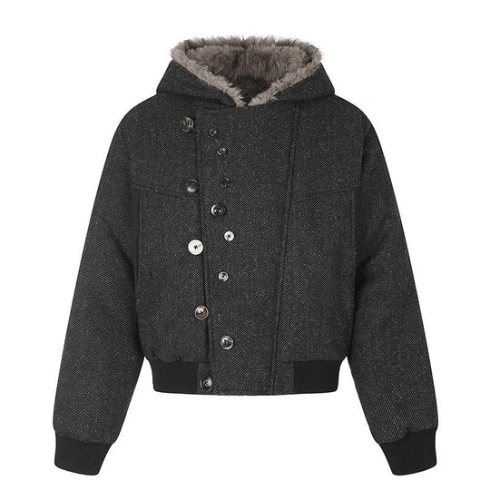 Damen Kapuzen-Bomberjacke mit Kunstfellfutter, asymmetrischer Mehrfachknopfleiste und geripptem Bund Shop Nory
