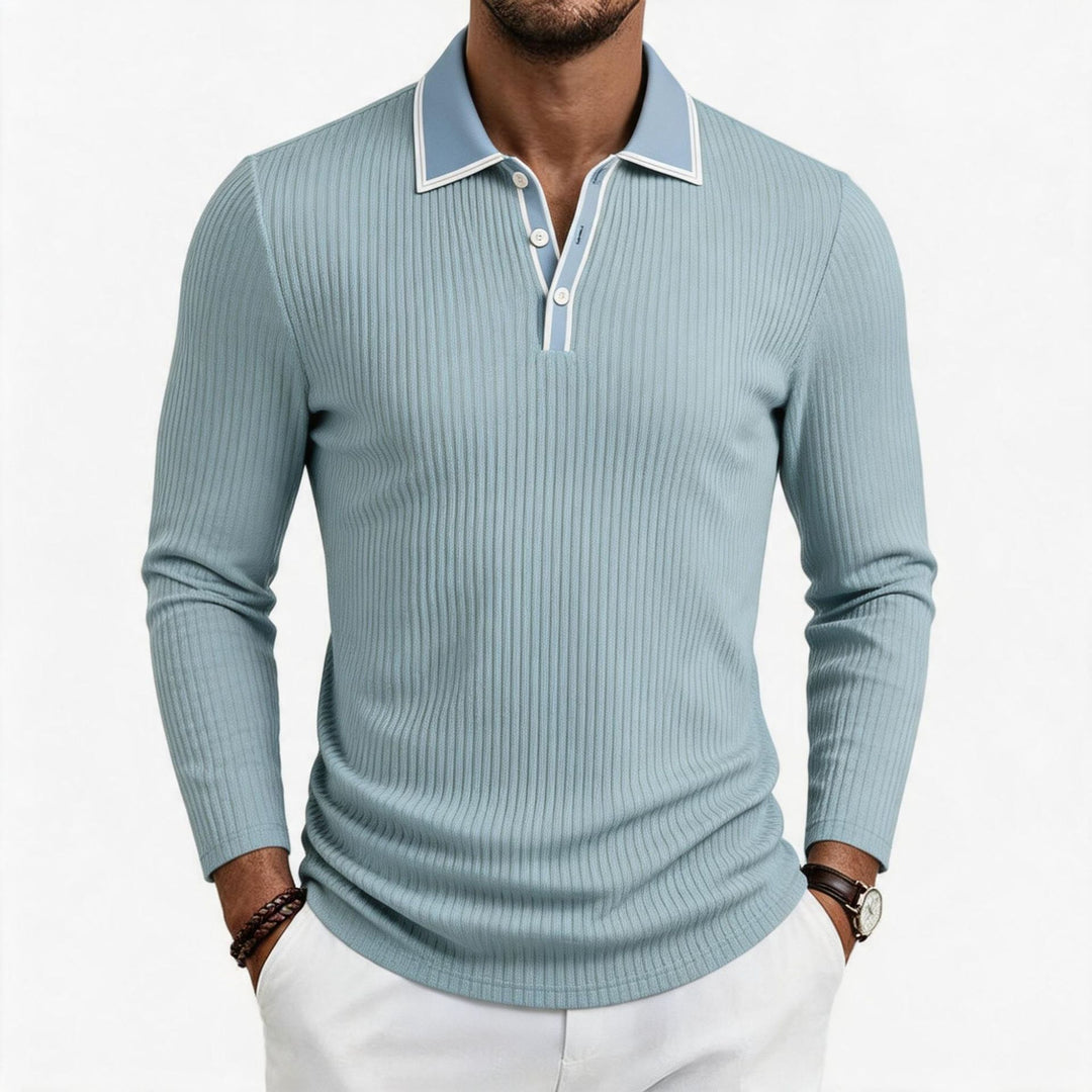 Herren fein geripptes Langarm-Poloshirt aus elastischer Merino-Mixqualität mit Kontrastkanten Shop Nory