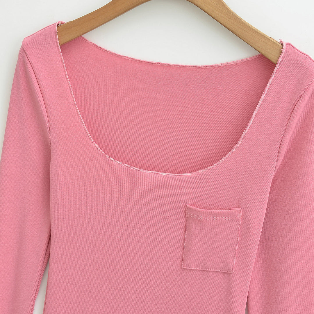 Damen Figurbetontes geripptes Langarmshirt mit weitem Quadrat-Ausschnitt und Brusttasche Shop Nory