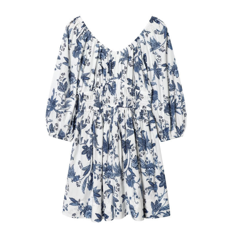 Damen Blumenkleid mit Smok-Taillierung und voluminösen Puffärmeln Shop Nory