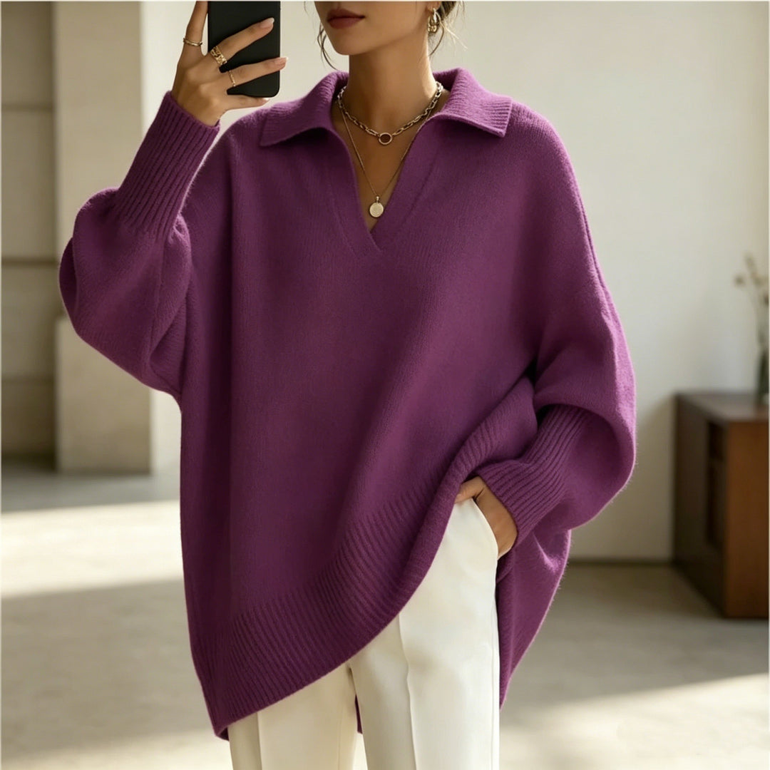 Damen Oversize-Polokragen V-Ausschnitt Strickpullover mit Ballonärmeln Shop Nory
