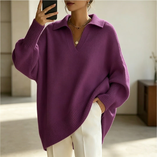 Damen Oversize-Polokragen V-Ausschnitt Strickpullover mit Ballonärmeln Shop Nory