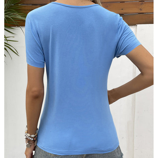 Damen V-Ausschnitt T-Shirt mit Spitzenbesatz und Holzknopfdetail