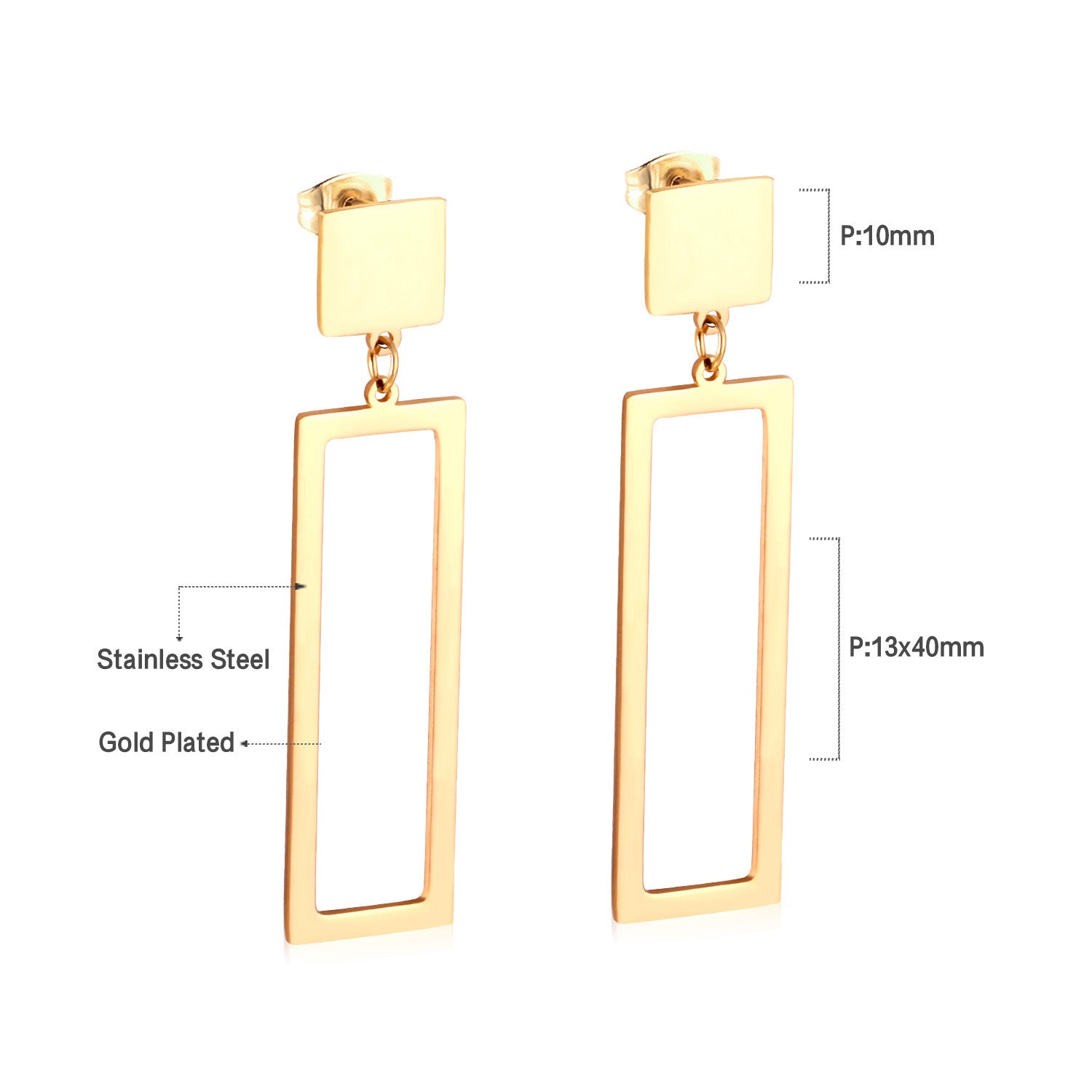 Damen Ohrringe mit elegantem, doppellagigem Rechteckdesign aus Edelstahl und goldplattierter Oberfläche Shop Nory