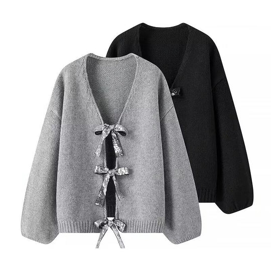 Damen Strickcardigan mit V-Ausschnitt und dreifachen Pailletten‑Schleifen Shop Nory