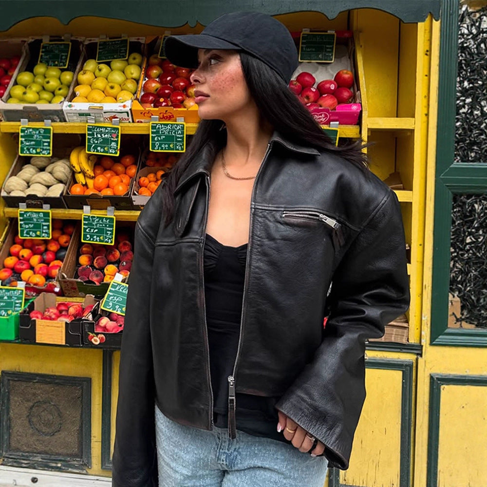 Damen Boxy-Lederimitatjacke mit zweifachem Reißverschluss und Brustzippern Shop Nory