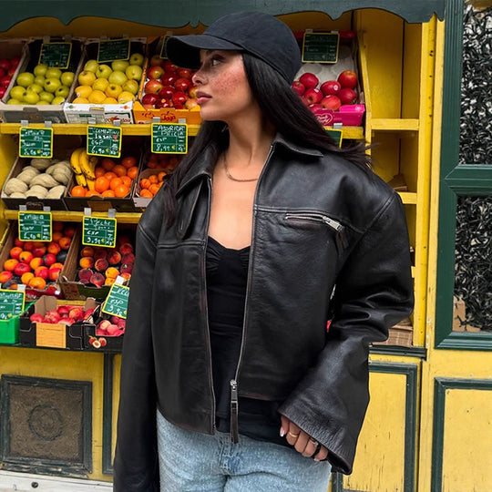 Damen Boxy-Lederimitatjacke mit zweifachem Reißverschluss und Brustzippern Shop Nory