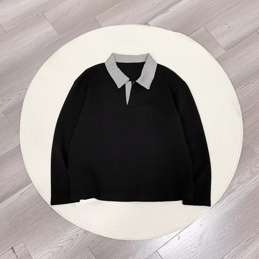 Damen Langärmeliges Polo-Shirt mit kontrastierendem Hahnentrittmuster Kragen Shop Nory