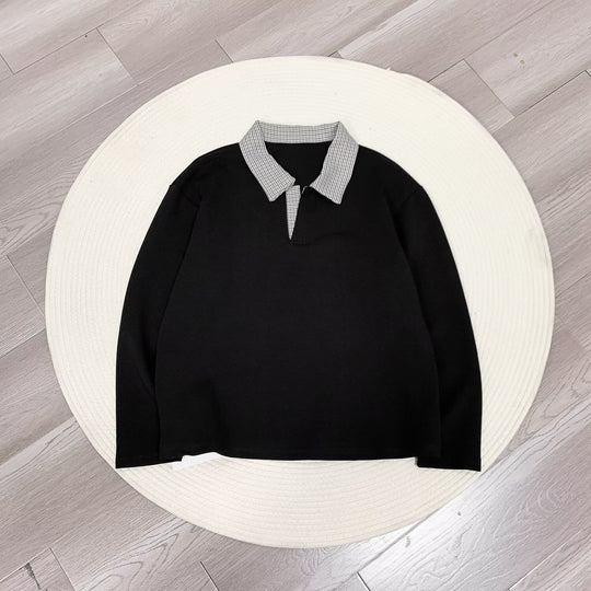 Damen Langärmeliges Polo-Shirt mit kontrastierendem Hahnentrittmuster Kragen Shop Nory