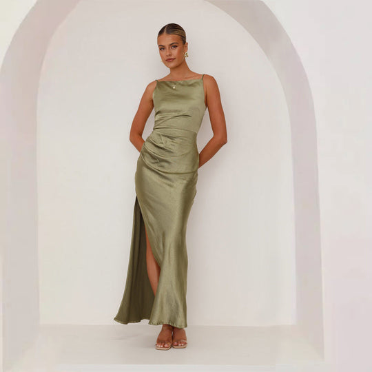 Damen Elegantes Satinabendkleid mit sexy Schlitz und raffiniertem Schnitt