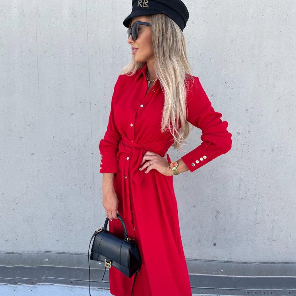 Damen Tailliertes Hemdblusen-Midikleid mit Bindegürtel, Manschetten und Frontschlitz Shop Nory