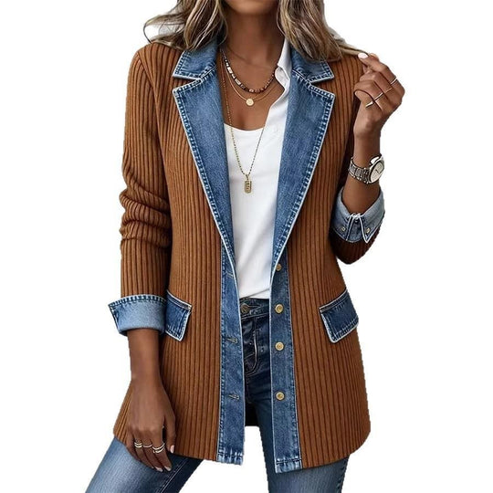 Damen Longline-Strickcardigan mit Jeanskragen und Saumbesatz Shop Nory