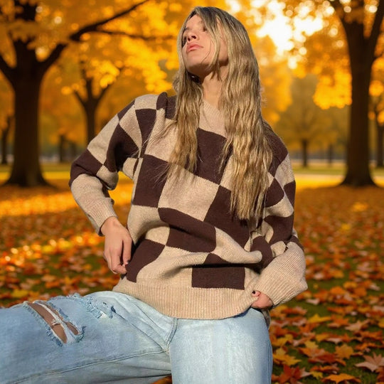 Damen Oversize-Strickpullover mit großem Karo‑Muster und geripptem Saum Shop Nory
