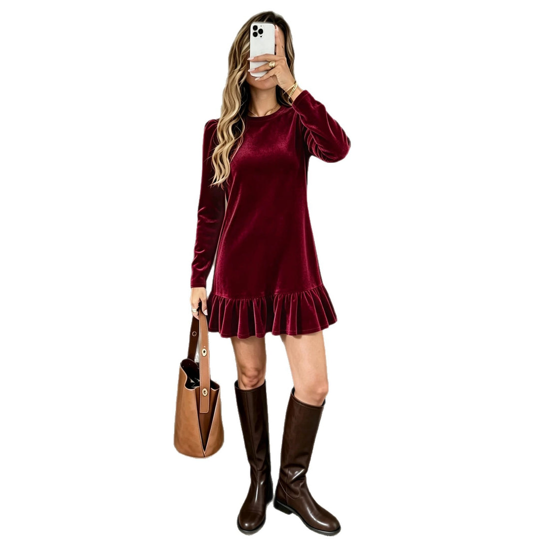 Damen Samt-Minikleid mit langen Ärmeln gerafftem Volantsaum und Puffschultern Shop Nory