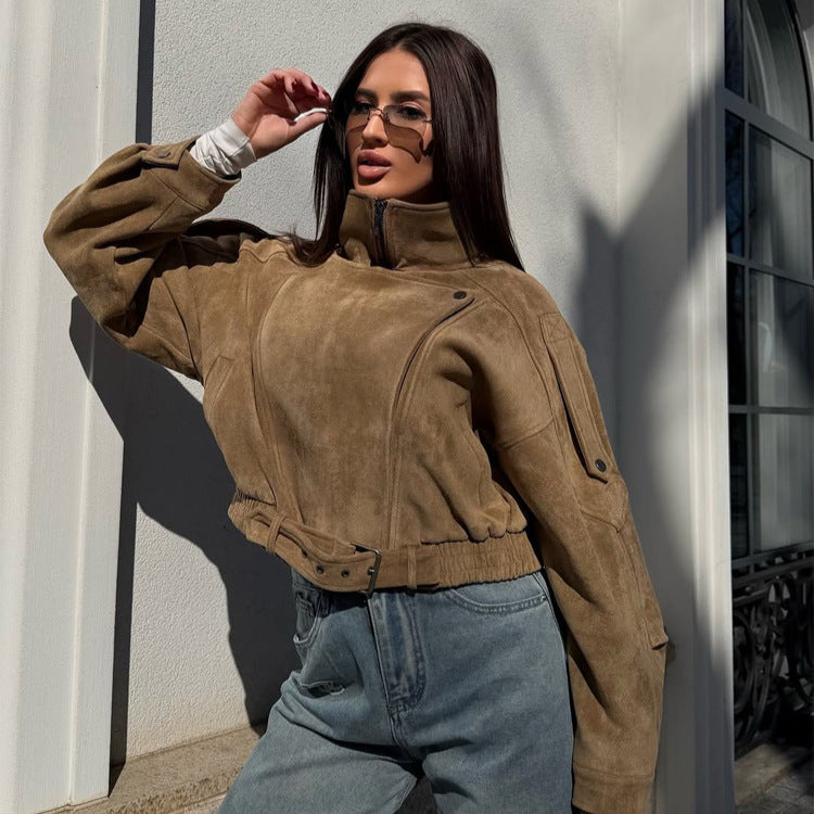 Damen Kurz geschnittene Wildleder-Bomberjacke mit Gürtel & Oversize-Ärmeln Shop Nory