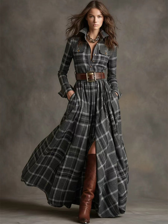 Damen Karierte Maxikleid mit Hemdbluse-Oberteil, Taillierter Bund und Eingrifftaschen Shop Nory