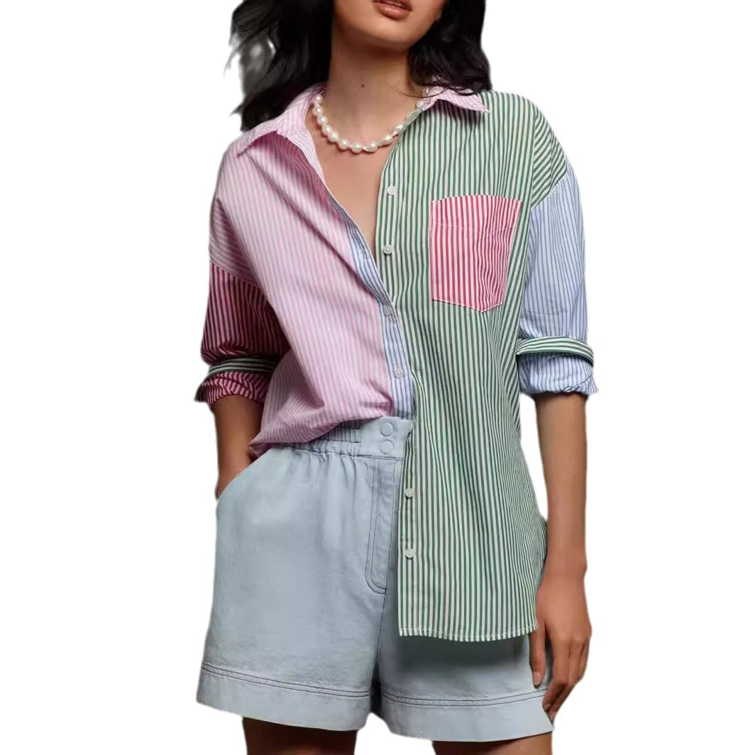 Damen Patchwork-gestreifte Oversize-Hemdbluse mit Brusttasche Shop Nory