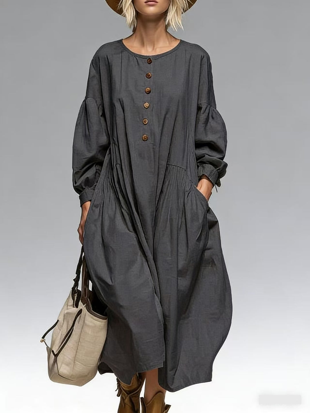 Damen Lässiges Midi-Kleid mit Knopfleiste, Ballonärmeln und Eingrifftaschen Shop Nory