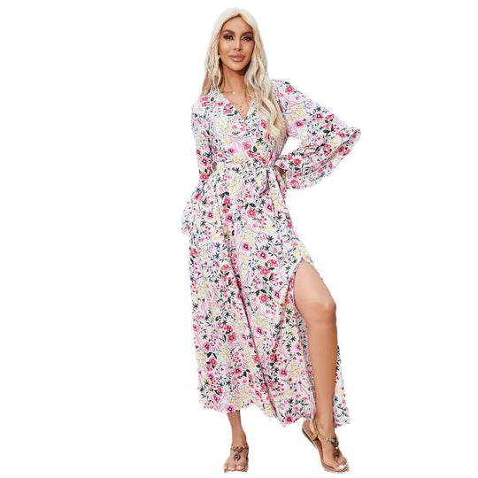 Damen Maxikleid mit floralen Mustern und Langen Ärmeln Shopnory