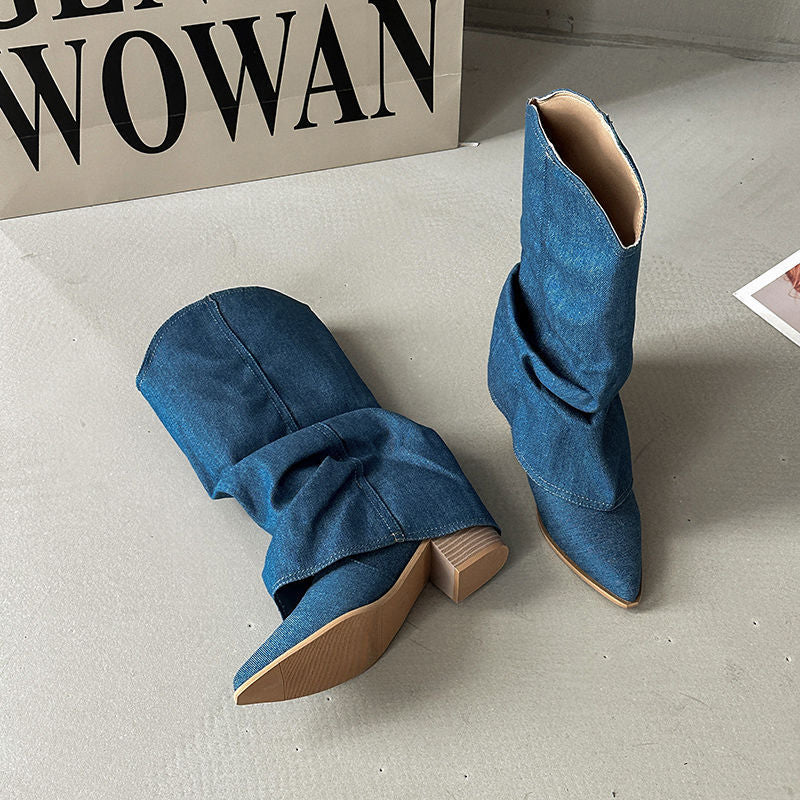 Damen Mid‑Calf Slouch‑Boots aus Denim mit spitzer Zehenpartie und mittelhohem Blockabsatz Shop Nory