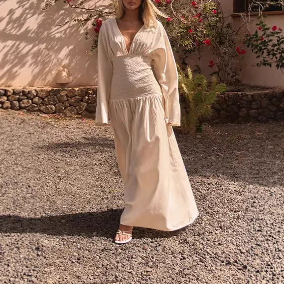 Damen Langes Boho-Maxi-Kleid mit Smock-Taillenband, tiefem V‑Ausschnitt und weiten Ballonärmeln Shop Nory