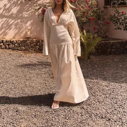 Damen Langes Boho-Maxi-Kleid mit Smock-Taillenband, tiefem V‑Ausschnitt und weiten Ballonärmeln Shop Nory