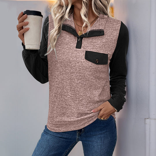 Damen Two‑Tone Langarmshirt mit Kontrastärmeln, Henley‑Knopfleiste und Brusttasche Shop Nory