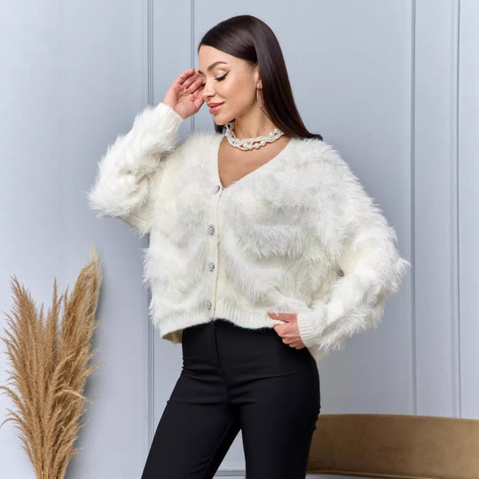 Damen Flauschige Strickjacke mit Knopfdetails Shop Nory