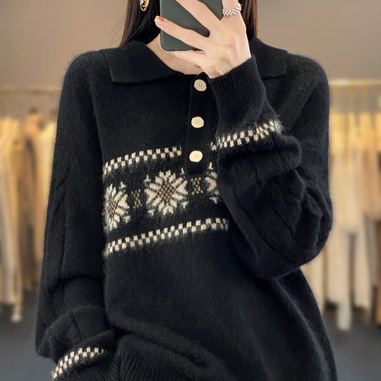 Damen Oversize-Polokragen-Strickpullover mit Norweger‑Motiv und Raglanärmeln Shop Nory