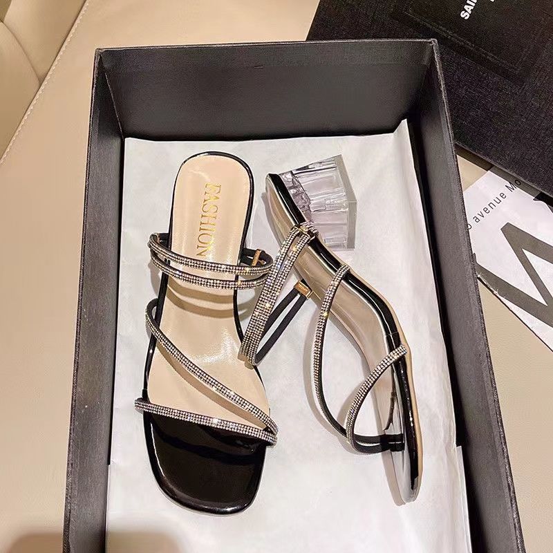 Damen elegante Statement-Sandaletten mit transparentem Blockabsatz und funkelnden Riemchen
