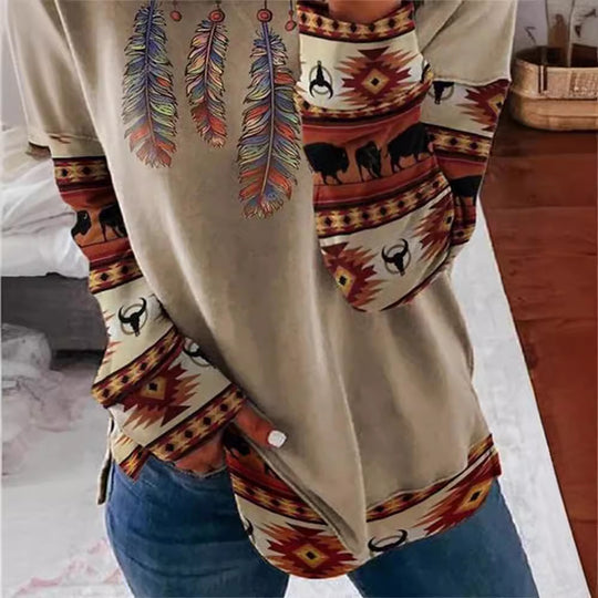 Damen Langarmshirt im Patchwork-Quilt-Design mit weichem Rundhalsausschnitt und kontrastierenden Bündchen Shop Nory