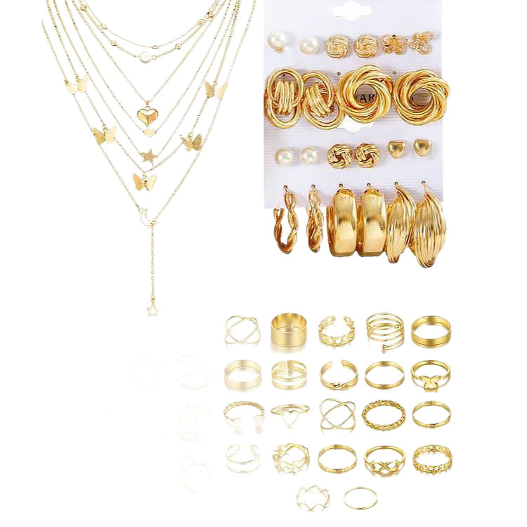 Damen Schmuckset mit mehrlagigen Ketten und vielfältigen Ringen Shop Nory