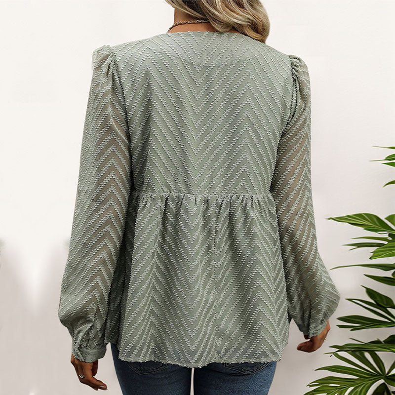 Damen Chiffon-Peplum-Bluse mit Chevron-Struktur, geraffter Empire-Taille & Knopfleiste Shop Nory